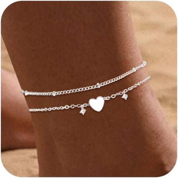 Ankle Bracelets for Women 14K Gold Plated Ankle Bracelets Waterproof Heart Beads Rope Satellite Anklets Set Adjustable Layered Anklet Bracelets No Tarnish Summer Beach Jewelry Gift