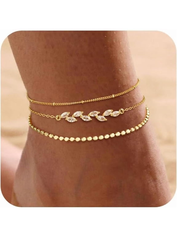 Ankle Bracelets for Women 14K Gold Plated Ankle Bracelets Waterproof Heart Beads Rope Satellite Anklets Set Adjustable Layered Anklet Bracelets No Tarnish Summer Beach Jewelry Gift
