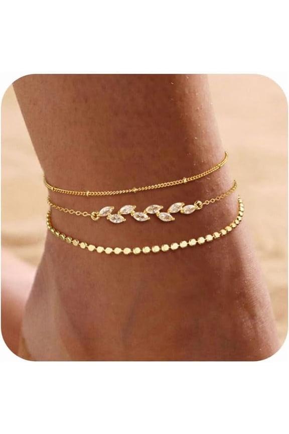 Ankle Bracelets for Women 14K Gold Plated Ankle Bracelets Waterproof Heart Beads Rope Satellite Anklets Set Adjustable Layered Anklet Bracelets No Tarnish Summer Beach Jewelry Gift