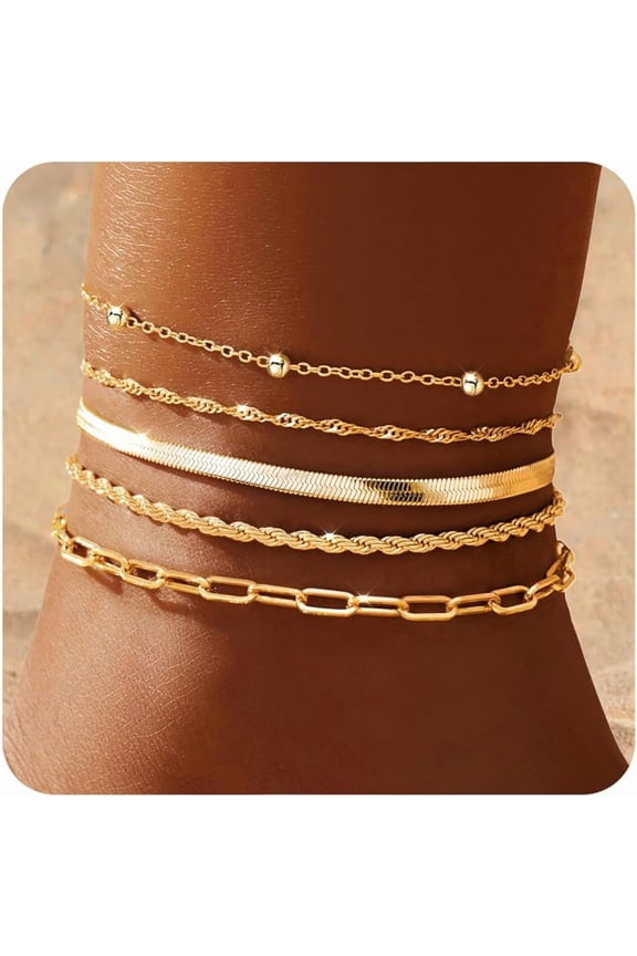 Ankle Bracelets for Women, 14k Gold Jewelry Set Waterproof Layered Cuban Figaro Link Chain Anklets Set Gold Anklets Summer Boho Beach Jewelry Gift Adjustable Size