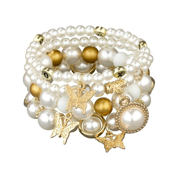 Ankle Bracelets For Women 4Pcs European And American Pearl Female Hand String Pearl Butterfly Elastic Bracelet Multi Layer Pearl Pendant Bracelet Women'S Accessories White
