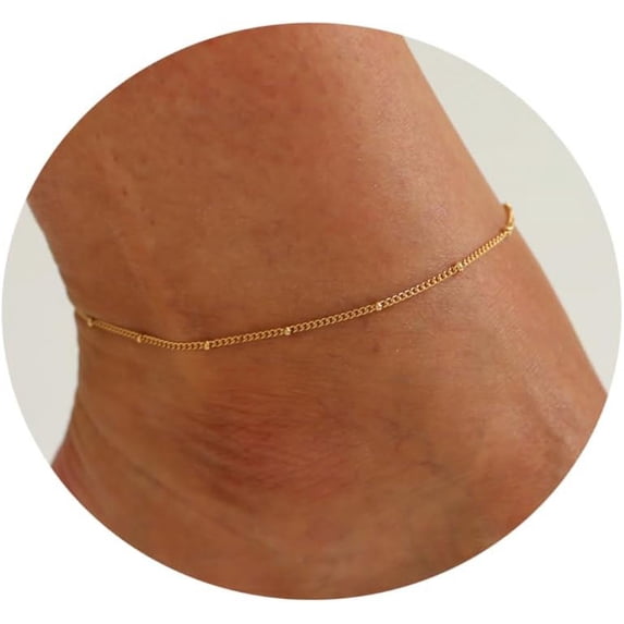 Ankle Bracelets for Women Dainty 18K Gold Plated Anklet Waterproof Round Beaded Paperclip Herringbone Pearl Chain Anklets Waterproof Beach Foot Jewelry