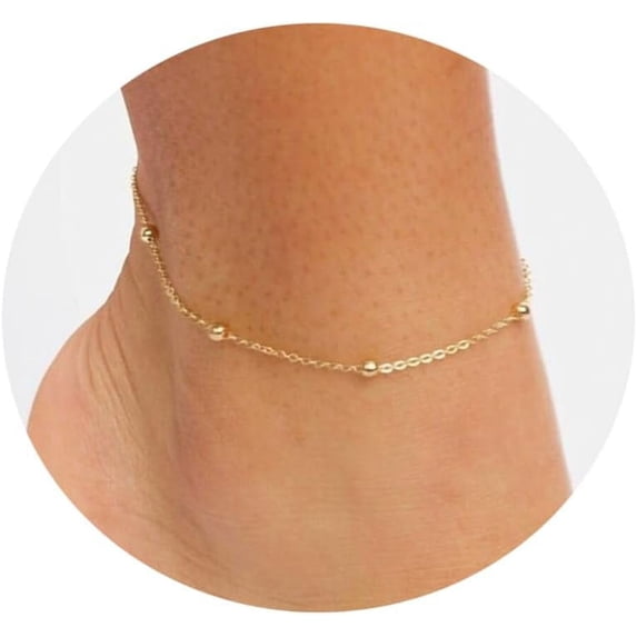 Ankle Bracelets for Women Dainty 18K Gold Plated Anklet Waterproof Round Beaded Paperclip Herringbone Pearl Chain Anklets Waterproof Beach Foot Jewelry