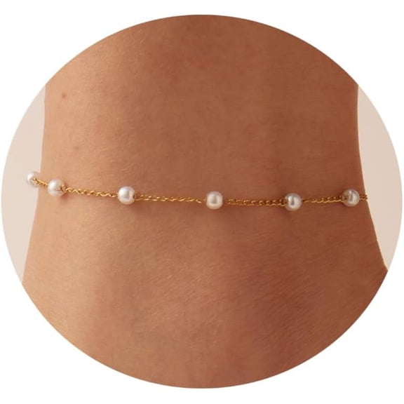 Ankle Bracelets for Women Dainty 18K Gold Plated Anklet Waterproof Round Beaded Paperclip Herringbone Pearl Chain Anklets Waterproof Beach Foot Jewelry