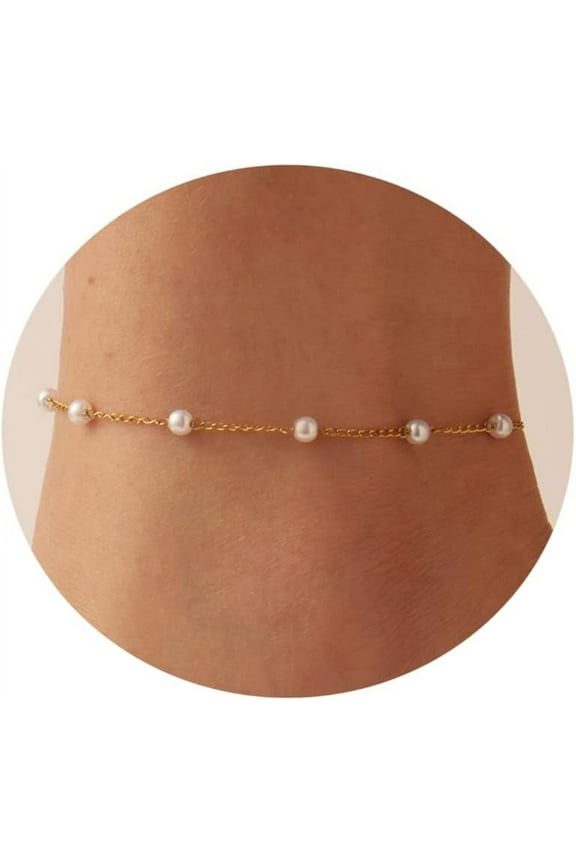 Ankle Bracelets for Women Dainty 18K Gold Plated Anklet Waterproof Round Beaded Paperclip Herringbone Pearl Chain Anklets Waterproof Beach Foot Jewelry