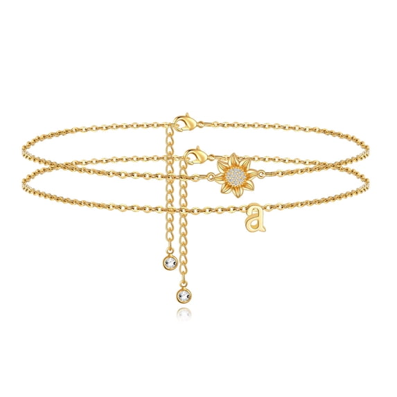 Ankle Bracelets for Women Initial Anklet 14k Gold Filled Layered Sunflower Ankle Bracelets Cute Boho Anklets with Initial Letter Ankle Bracelets for Women Jewelry Gifts