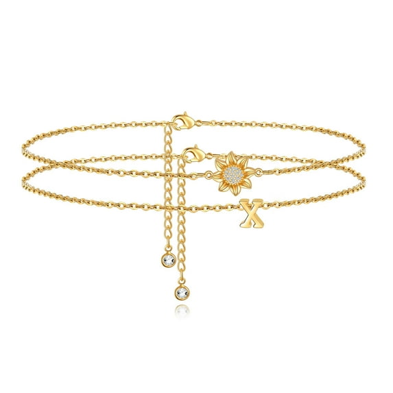 Ankle Bracelets for Women Initial Anklet 14k Gold Filled Layered Sunflower Ankle Bracelets Cute Boho Anklets with Initial Letter Ankle Bracelets for Teen Girls Jewelry Gifts