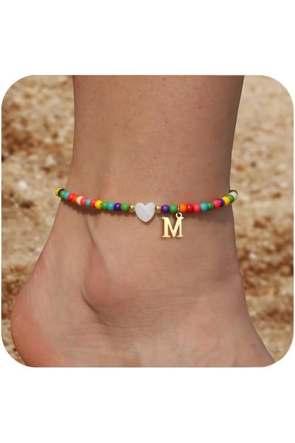 Ankle Bracelets for Women Initial Anklets Waterproof Boho Beaded Dainty Ankle Bracelets Letter Heart Handmade Adjustable Foot Chain Anklet Summer Vacation Colorful Jewelry Gift