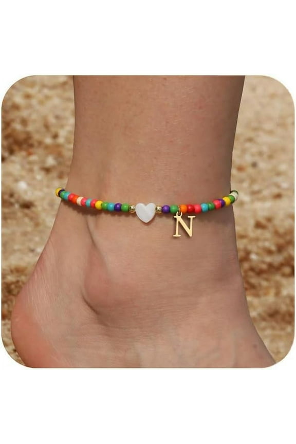 Ankle Bracelets for Women Initial Anklets Waterproof Boho Beaded Dainty Ankle Bracelets Letter Heart Handmade Adjustable Foot Chain Anklet Summer Vacation Colorful Jewelry Gift