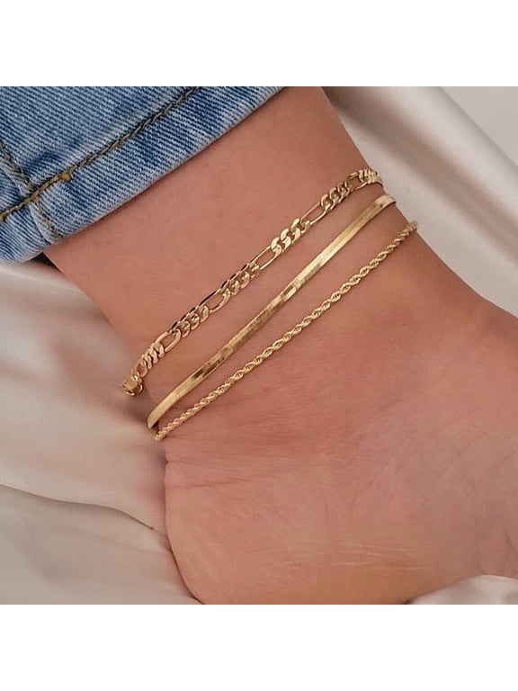 Ankle Bracelets for Women Waterproof -Non Tarnish Layered Cuban Link Chain Rope Figaro Herringbone Anklets Set Plus Size Anklet Summer Foot Jewelry Gift Adjustable 8-12 Inch