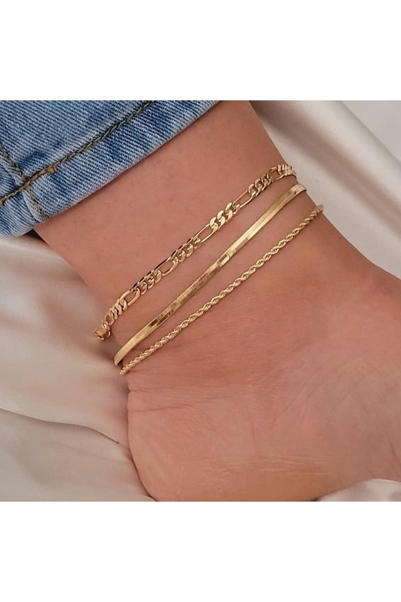Ankle Bracelets for Women Waterproof - 14K Gold Plated Non Tarnish Layered Cuban Link Chain Rope Figaro Herringbone Anklets Set Plus Size Anklet Summer Foot Jewelry Gift Adjustable 8-12 Inch