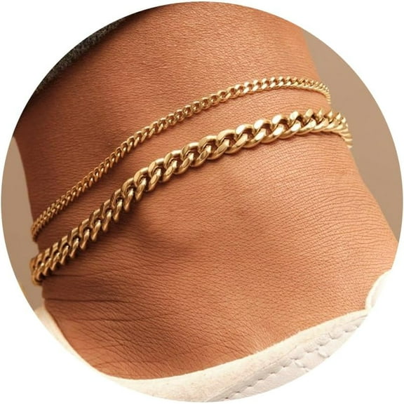Ankle Bracelets for Women-14k Gold Plated Evil Eyes Heart Cuban Link Layered Anklet Bracelet for Women 8.2+2 Inch