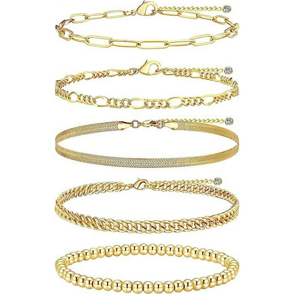 Ankle Bracelets for Women, 14k Gold Plated Waterproof Layered Cuban Figaro Link Chain Anklets Set Gold Anklets Jewelry Gift Adjustable Size 5pc