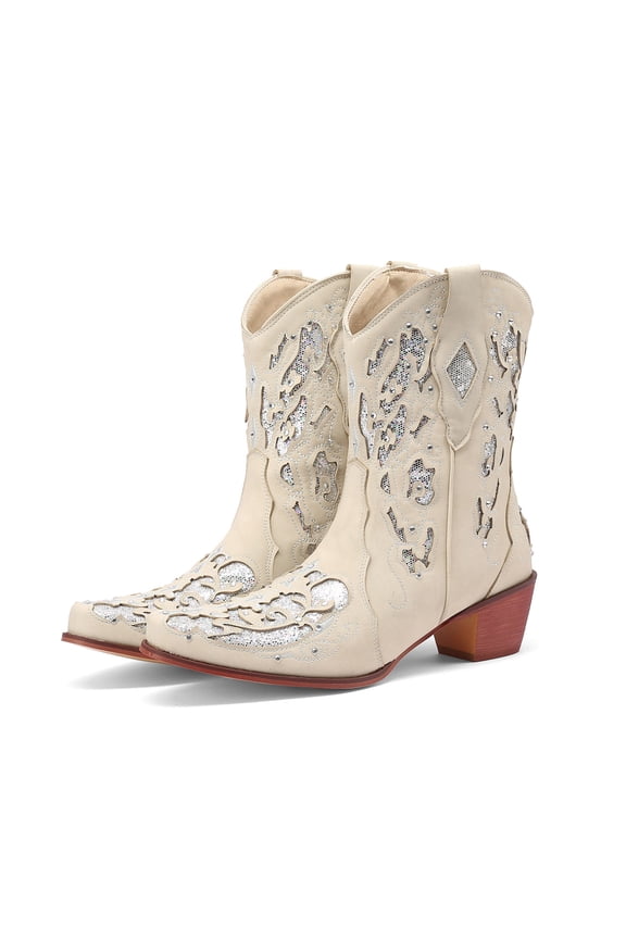 Ankle Cowboy Boots for Women Rhinestone Embroidered Cowgirl Short Booties Ladies Pointed Toe Chunky Heel Work Boots