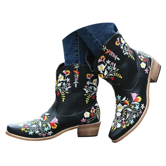 Ankle Cowboy Boots for Women Rhinestone Embroidered Cowgirl Short Booties Ladies Pointed Toe Chunky Heel Work Boots