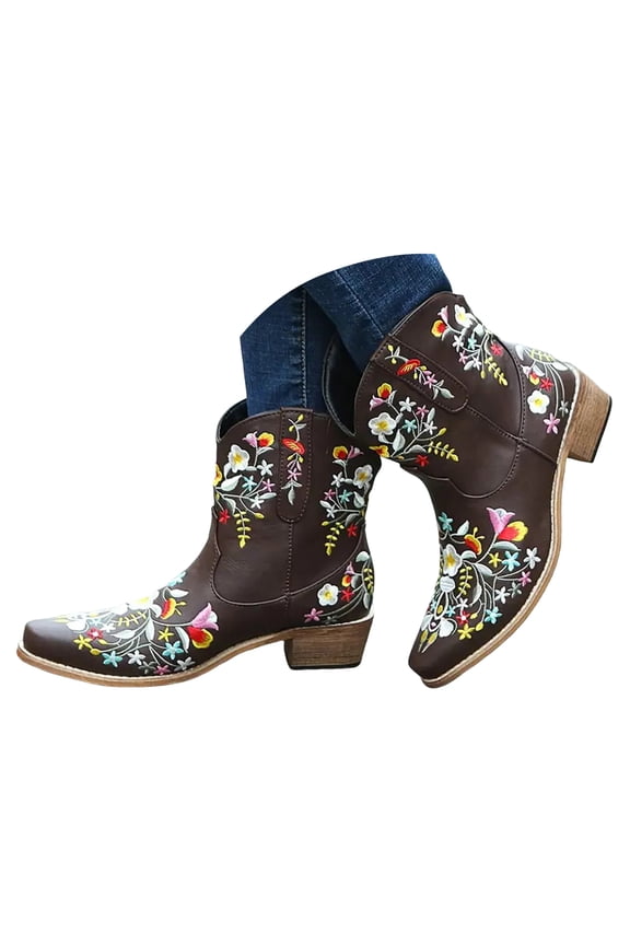 Ankle Cowboy Boots for Women Rhinestone Embroidered Cowgirl Short Booties Ladies Pointed Toe Chunky Heel Work Boots