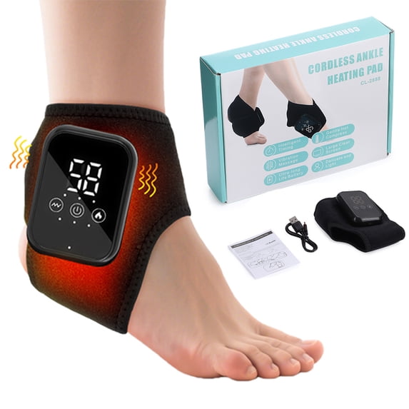 Ankle Heating Pad with Massage, 1Pc Cordless Heated Ankle Brace Wrap, 3 Heat & Vibration Settings, USB Rechargeable Ankle Massager for Pain Relief, Black