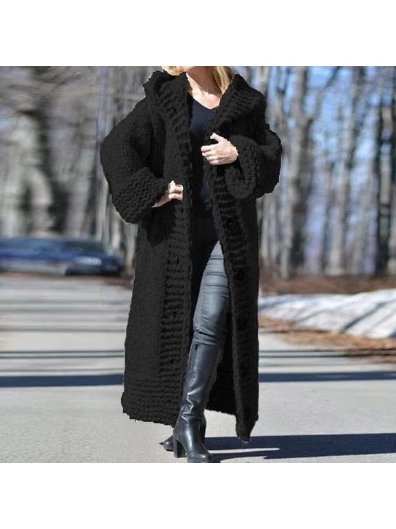 Ankle Length Coats for Women,Chunky Knit Sweater,Women Plus Size Long Open Front Drape Maxi Cardigan,Long Sleeve Cardigan Fall Chunky Long Sweater Coats for Women Black M