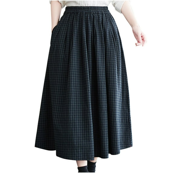 Amvlyk Ankle-Length Skirts for Women Solid Color Elastic High Waist A-Line Plaid Skirt Summer Cool Trendy Long Dancing Skirt Fashion Flowy Casual Skirt for Beach Date Going Out Walking