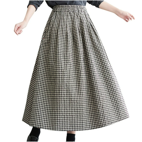 Amvlyk Ankle-Length Skirts for Women Solid Color Elastic High Waist A-Line Plaid Skirt Summer Cool Trendy Long Dancing Skirt Fashion Flowy Casual Skirt for Beach Date Going Out Walking