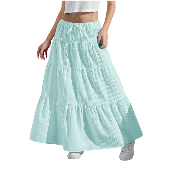 Ankle-Length Skirts for Girls Elastic Waist Drawstring Skirts Tiered Pleated Skirts Summer Solid Color Long Skirts