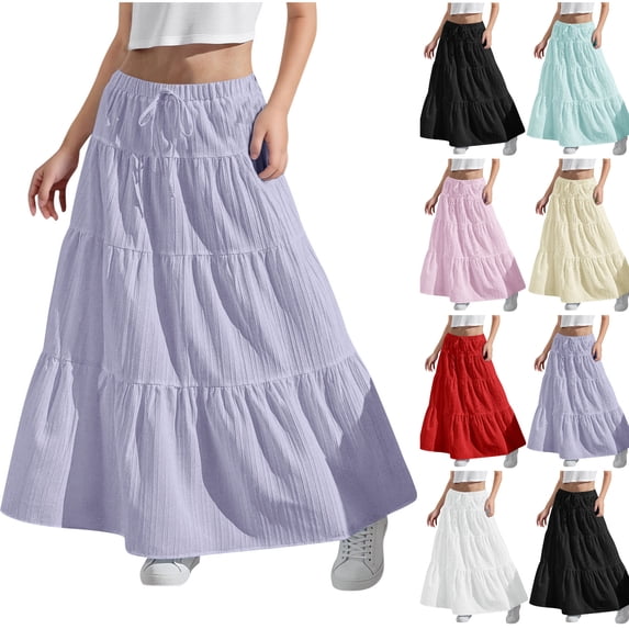 Gswybco Ankle-Length Skirts for Girls Elastic Waist Drawstring Skirts Tiered Pleated Skirts Summer Solid Color Long Skirts