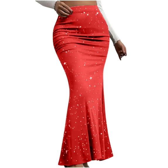 Ankle-Length Skirts for Women Fishtail Sequined Skirt Elastic Waist Maxi Skirts Slim Solid Color Long Skirt