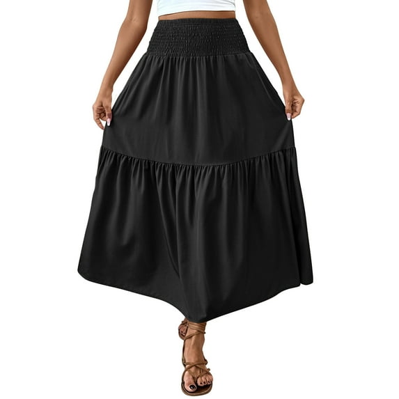 Ankle-Length Skirts for Women High Elastic Waist A-Line Skirts Tiered Solid Color Boho Skirts