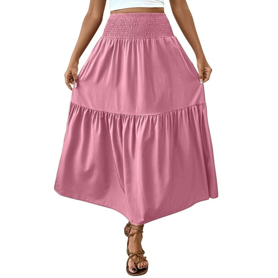 Ankle-Length Skirts for Women High Elastic Waist A-Line Skirts Tiered Solid Color Boho Skirts