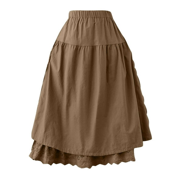 Ankle-Length Skirts for Women Stretched-Waist Embroidered Inner Lining A-Line Skirts Solid-Color Cotton Linen Long Skirts