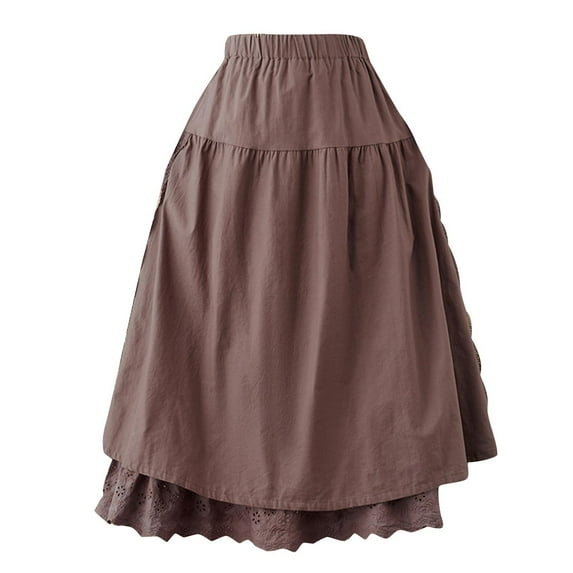Ankle-Length Skirts for Women Stretched-Waist Embroidered Inner Lining A-Line Skirts Solid-Color Cotton Linen Long Skirts