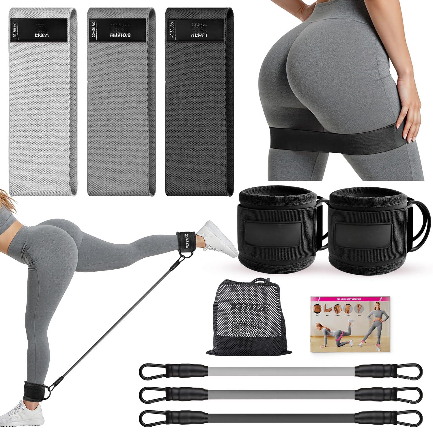 Ankle Resistance Bands With Cuffs & Fabric Set - Glutes Workout Equipment For Women Men  Home Gym Heavy Exercise Yoga Strength Rehab Pilates