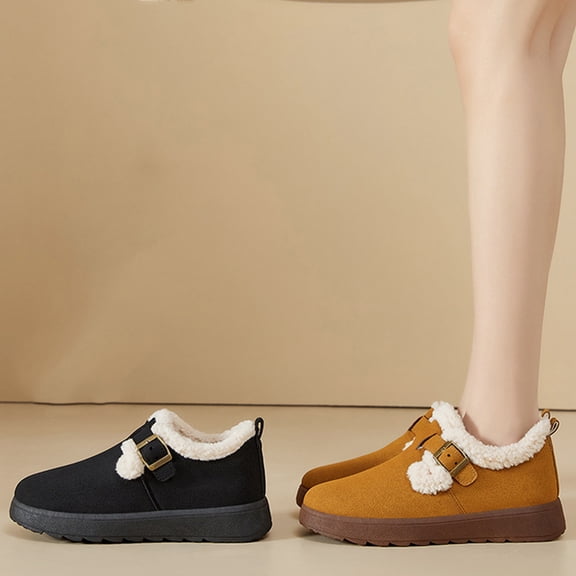 Ankle Snow Boots Women Round Toe Thickened Velvet Solid Color Slip-on Short Boots Casual Winter Indoor Outdoor Thick Soled Slides Loafer Slippers Outerwear