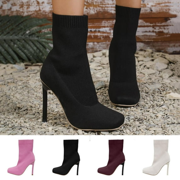 Ankle Sock Boots High Heel Solid Color Square Toe Elastic Casual Winter Footwear for Women