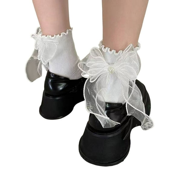 Ankle Socks - Women's Day Tie Mesh Bow Socks Girly Style Cute Pile Socks, Socks for Women,Color: White Size: One Size