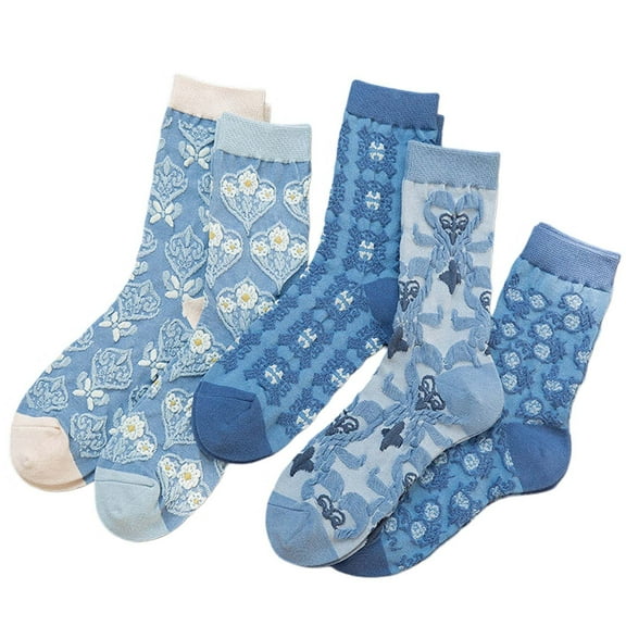 Ankle Socks for Women 5 pairs Popularate Vintage Embroidered Floral Socks Comfortable Mid Calf Blue Women Socks One Size