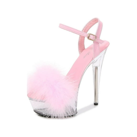 Ankle Strap Clear Platform Sandals Fluffy Heels Stiletto