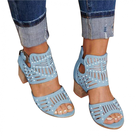Ankle Strap Heeled Sandals for Women's Summer Platform Chunky Block Heel Sandals Cutout Peep Toe High Heel Sandal with Back Zipper
