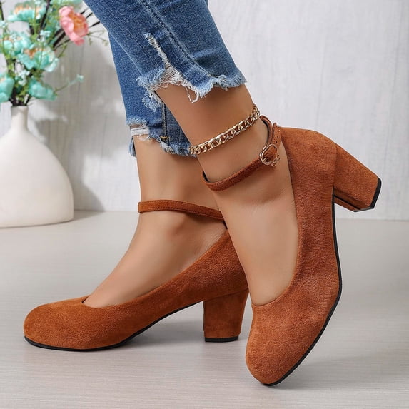 Ankle Strap Pump Heel Comfortable Round Toe Dress Shoe Buckle Closed Toe Comfortable Wedding Evening Party Dress Office Work Shoes