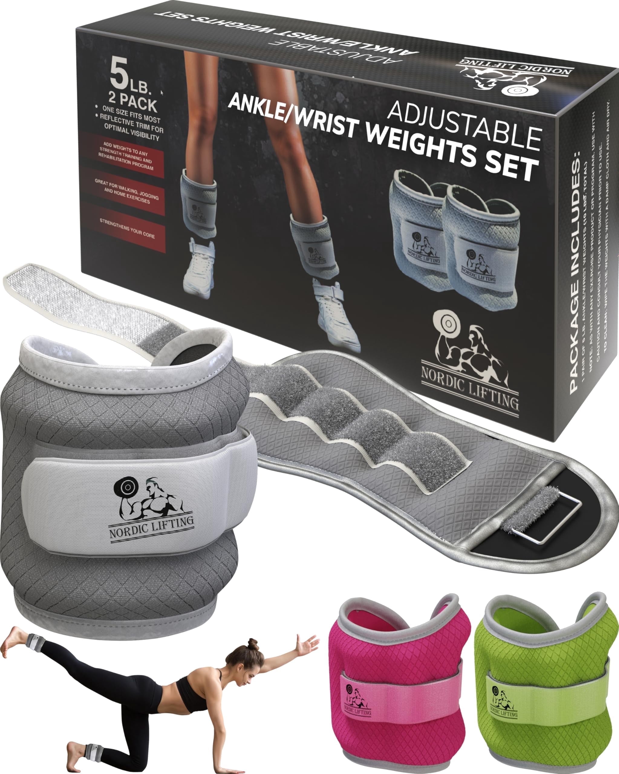 Nordic Lifting Adjustable 5 Lb total of 10 Pounds Ankle/Wrist Weights - Gray Pair