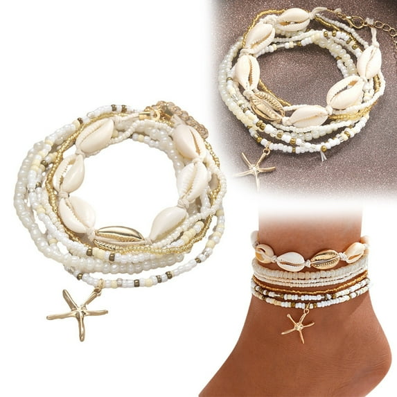 Anklet for Women Colorful Stackable Boho Seashell Beaded Beach Anklet Summer Surf Jewelry for Her 7PCS