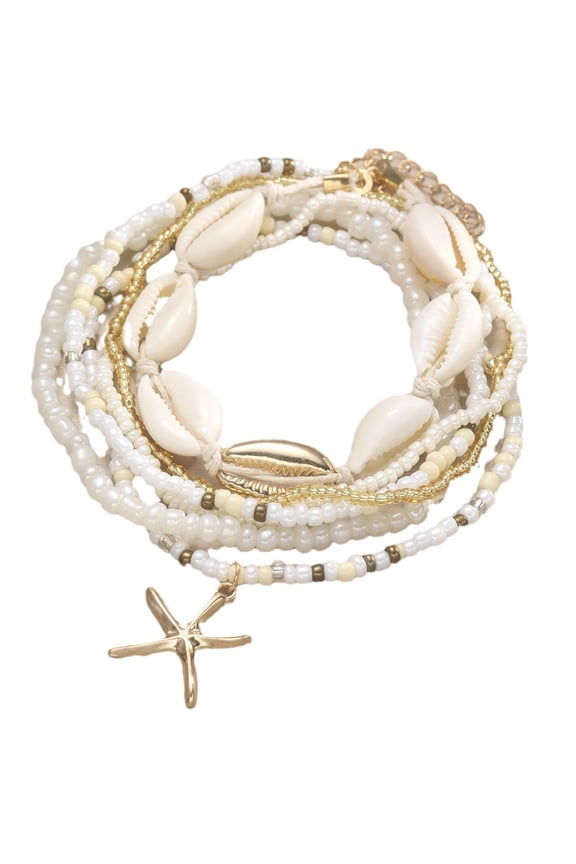 Anklet Jewelry for Women Boho Beaded Seashell Stackable Beach Anklet Summer Surfer Accessory in Colorful Design 7PCS, 20 cm, Beige