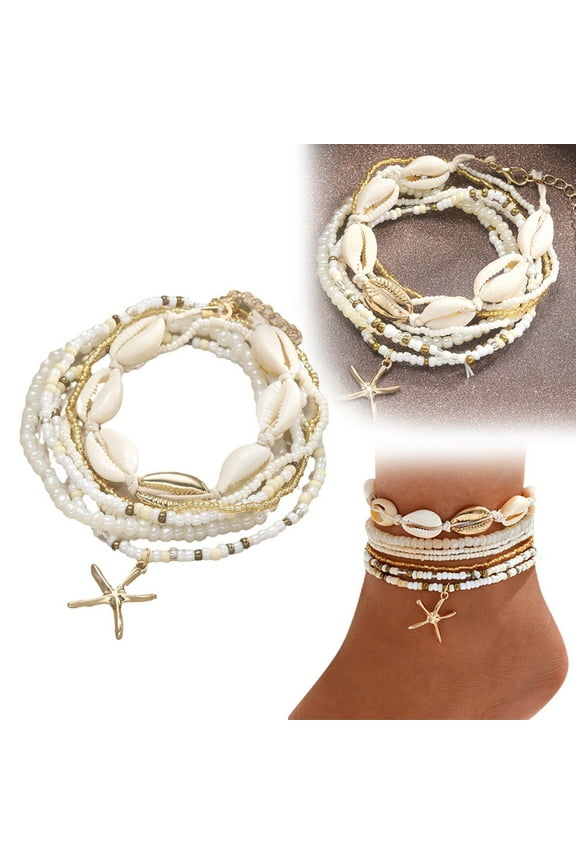 Anklet Set for Women Colorful Stackable Boho Seashell Beaded Beach Jewelry Beachy Summer Surfer Anklets 7PCS