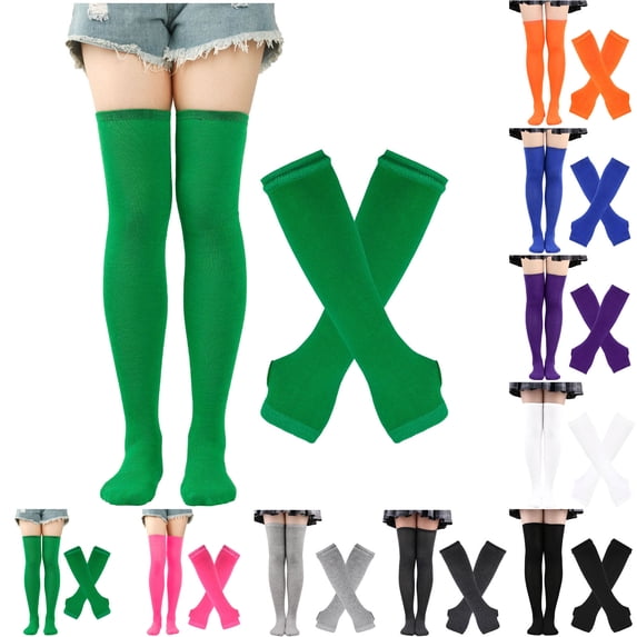 Ankola 2 Pairs Womens Striped Arm Warmers Goth Y2K Knitted Fingerless Gloves with Long Knee High Socks Set