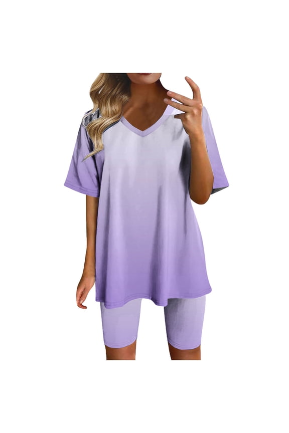 2 Piece Outfits for Women Summer V Neck T-Shirt Tops Biker Shorts Casual Loose Workout Tracksuit Set