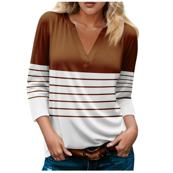 Ankola 3/4 Length Sleeve Tops for Women Striped Color Block Patchwork Oversize Shirts Fall Trendy V Neck Basic Blouses