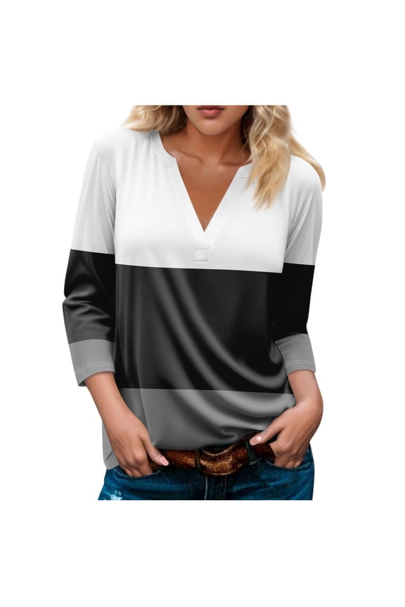 3/4 Length Sleeve Tops for Women Striped Color Block Patchwork Oversize Shirts Fall Trendy V Neck Basic Blouses