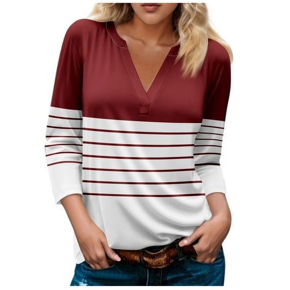 Ankola 3/4 Length Sleeve Tops for Women Striped Color Block Patchwork Oversize Shirts Fall Trendy V Neck Basic Blouses