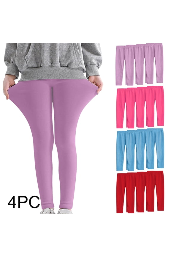4-Pack Girls' Full Length Footless Leggings, Soft Stretchy Tights Pants for Everyday Wear