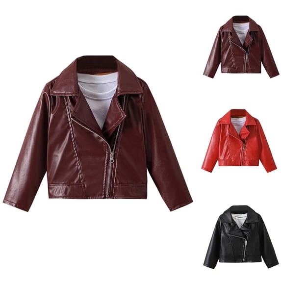 Ankola Boys Girls Spring Motorcycle Faux Leather Jackets with Oblique Zipper
